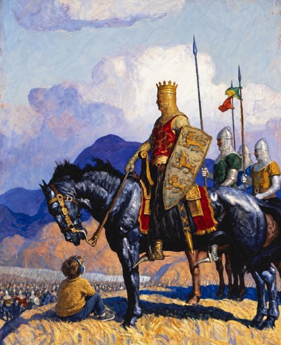 A child in modern clothes and headphones sits among the painted knights of a medieval story.